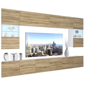 BELINI Wohnwand Vollausstattung Wohnzimmer-Set Moderne Schrankwand mit LED-Beleuchtung Weiß Glänzend Anbauwand TV-Schrank Sonoma Eiche Matt