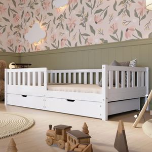 Crazy Pine Kinderbett mit Schublade 200x100cm – Massives Montessori Bodenbett aus Holz in Weiß mit Rausfallschutz – Crazy Basic