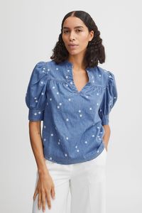 b.young BYFVLYSTRA Damen kurze Bluse Jeansbluse mit V-Ausschnitt und Stehkragen Stickereimuster