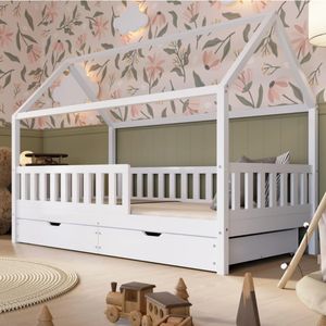 Crazy Pine Hausbett mit Schubladen 100x200 cm – Kinderbett aus Naturholz in Weiß – Montessori Bodenbett mit zusätzlichen Stauraum - Crazy Blanco