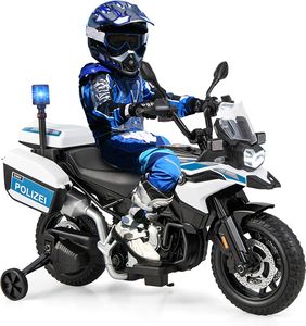 COSTWAY Polizeimotorrad für Kinder, Akkubetriebenes Motorrad mit 2 abnehmbaren Stützrädern, langsamer Start, Sirenenlicht, MP3, USB, Musik, BMW-lizensiertes Fahrzeug für 3-8 Jahre alte Kinder