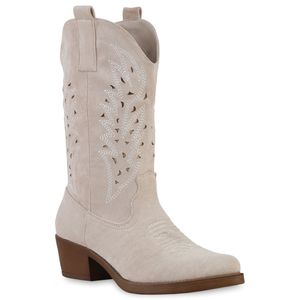 VAN HILL Damen Cowboystiefel Stiefel Stickereien Schuhe 840055, Farbe: Beige Velours, Größe: 38