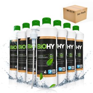 BiOHY Creme Seife (9x1l Flasche) + Pumpspender| Hautschonende, rückfettende und aus dem pflanzlichen Bereich PHOSPHATFREI | Ohne Parfüm und Farbstoffe