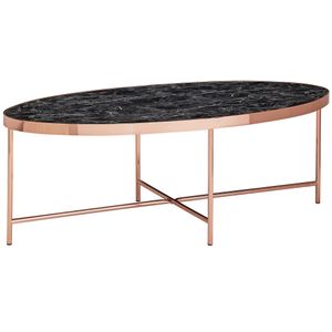 Dizajnový konferenčný stolík WOHNLING mramorový vzhľad čierny - oválny 110 x 56 cm s medeným kovovým rámom, veľký stôl do obývačky, obývačkový stôl