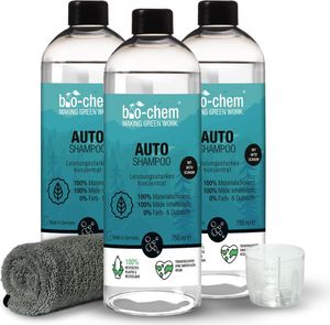 bio-chem AutoShampoo biologisch abbaubar – 3x 750 ml inkl. Flausch-Tuch – pH-neutrales Konzentrat – Kraftvoll gegen Schmutz, schonend zum Lack – greift Wachs-Versiegelung nicht an -  Germany
