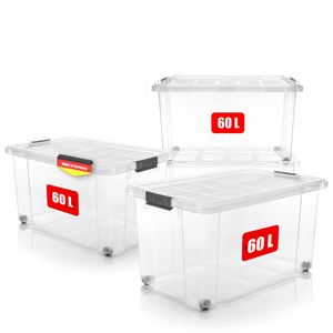 4x 60 L Aufbewahrungsbox mit Deckel groß rollbar transparent - stabile & robuste Box