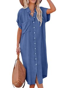 Damen Feste Farbe Kleider Urlaub Single Breasted Jeanshemd Kleid Weich Mit Taschen Blau,Größe S