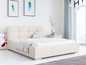 Polsterbett mit Kopfteil - LAZIO Doppelbett mit Bettkasten - Deko Bed mit Lattenrost - 160x200 cm Kunstleder Creme