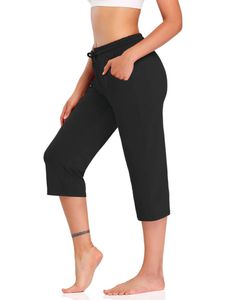 Damen Feste Elastische Taille Baggy Pants Cropped Casual Yoga Sporthose Sommer,Farbe: Schwarz,Größe:S