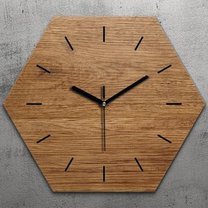 Uhr hexagonal 40 cm Glas Geräuschlos schwarze Zeiger - Helles Holz