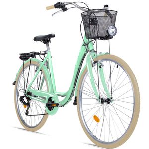 Bergsteiger Florenz 28 Zoll Damenfahrrad, ab 160 cm, Korb, Fahrrad-Licht, Shimano 7 Gang-Schaltung, Standlichtfunktion, Damen-Citybike, Damenrad im Retro-Design