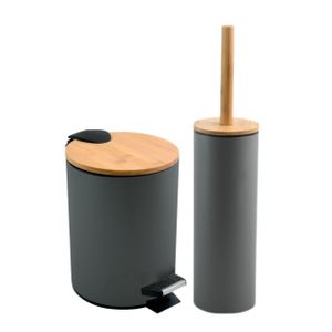 spirella Badezimmer Set, 2-teilige Abfalleimer Kosmetikeimer mit Absenkautomatik und WC Bürste “Adonis“ Bambus mit Silikon Bürste Anthrazit