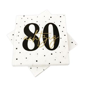 20 Servietten zum 80. Geburtstag 33 x 33 cm - weiß schwarz gold