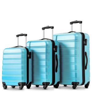 Flieks Sada kufrů 3 kusy Sada cestovních kufrů Hard Shell, kufr na kolečkách Hard Shell Sada 3 kufrů s otočnými kolečky, světle modrá