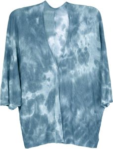 styleBREAKER Damen Feinstrick Cardigan Weste mit Batik Muster, 3/4 Ärmel, vorne offen, Strand, Festival, Kimono 08010080, Farbe:Blau