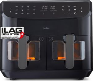 MEDION P20 XXL Heißluftfritteuse mit 2 Kammern (8,7 Liter, Airfryer, 2.600 Watt, Doppelkammer, 9 Automatikprogramme, 2 Schubladen, Sichtfenster, Dualer Airfryer, Dual Cook & Sync-Finish Funktion) schwarz