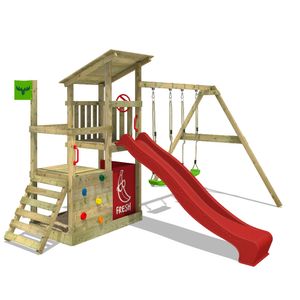 FATMOOSE Hracia veža s preliezačkou FruityForest s hojdačkou a šmýkačkou, lezeckou vežou s pieskoviskom, rebríkom a hracími doplnkami - červená