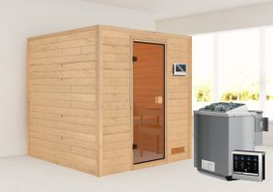 Woodfeeling Sauna Jara (Fronteinstieg), Ganzglastür, bronziert, Ofen 9 kWexterne Steuerung easy