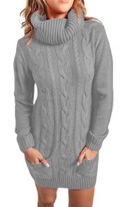 ASKSA Damen Pulloverkleid Strick Zopfmuster Rollkragen Mini Strickkleid mit Tasche, Grau, S