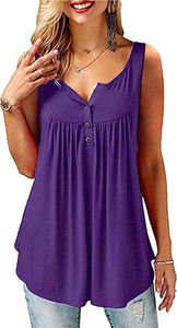 ASKSA Damen Tank Top Ärmellose V-Ausschnitt T-Shirt Knopfleiste Solide Tunika Bluse, Violett, L