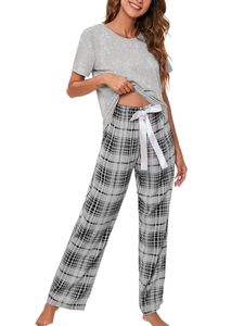 Damen Schlafanzug Nachtwäsche Kurzarm T Shirt und Lang Schlafanzughosen Pyjama Set Grau, Größe:Xl