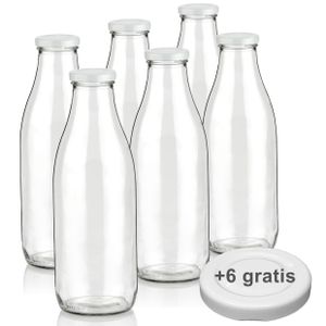 Milchflaschen 1L Smoothie Saft Flaschen 1000ml leere Glasflaschen Deckel BPA frei, 6 Milchflaschen mit 12 Deckeln