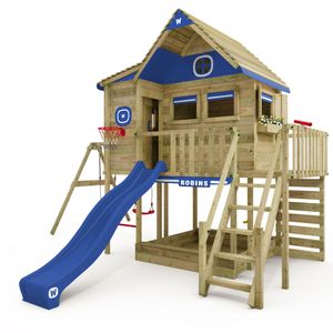 WICKEY Stelzenhaus Smart GreenHouse mit Schaukel & Rutsche,integriertem Sandkasten und großem Spielhaus mit massiver Treppe mit Handlauf, Fenstern, Rollos und Blumenkasten -  blau