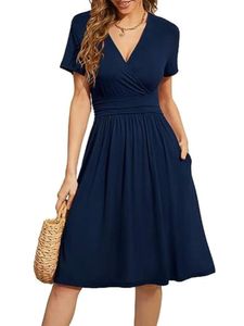 Damen Sommerkleider V-Ausschnitt Kleider Böhmische Kurzarm Kleid Elegant Strandkleid Navy blau,Größe M