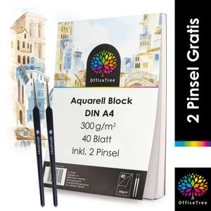 OfficeTree Aquarellblock A4 300g /m² 40 Blatt - Aquarellpapier Weiß - Zeichenblock A4 für Wasserfarb