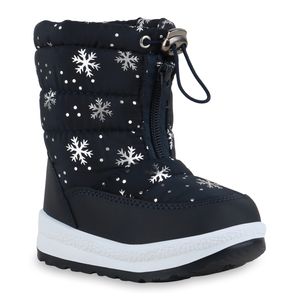 Mytrendshoe Kinder Warm Gefütterte Winter Boots Metallic Stiefel Prints Schuhe 836091, Farbe: Dunkelblau Silber Muster Metallic, Größe: 24