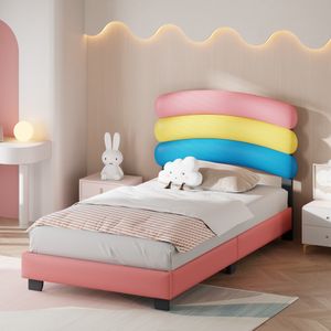 okwish weiches Kinderbett 90*200cm, mit Lattenrost, Regenbogenform, hochwertiges PU-Leder, Bett für Jungen und Mädchen, rosa (Matratze nicht im Lieferumfang enthalten)