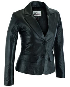 Damen Lederblazer Lederjacke Blazer echtleder Jacke aus Lammnappa Leder, Größe:44/2XL, Farbe:Schwarz
