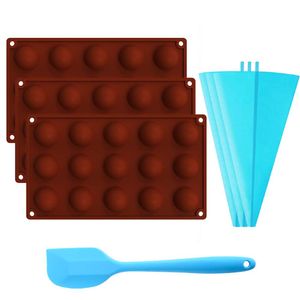 7PCS Schokoladenherstellung Zubehör Set,3Pcs 15-fach Mini Halbkugel Silikonform / Heiße Schokoladenbombe & Kakaobombe Kugelform,3PCS Silikon Spritzbeutel,1PCS Silikonschaber