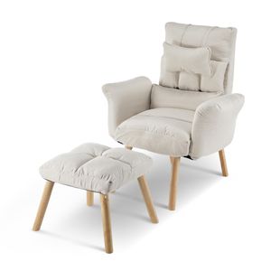 CLIPOP Leinen Relaxsessel Lehnstühle mit Hocker , verstellbare Rückenlehne, Beige