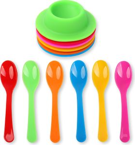 Schramm® Eierbecher - Set aus 6 Stück Silikon Eierbecher und 6 Stück Eierlöffel aus Kunstsoff Eierhalter mit Ablage Eierständer BPA-frei