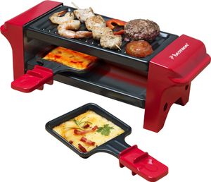Bestron Raclette für 1 bis 2 Personen, Mini Tischgrill mit zwei Pfännchen und zwei Holzschabern, 350 Watt, Farbe: Rot