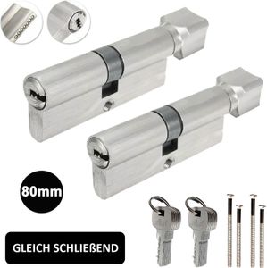 2x Knauf Zylinderschloss Schließzylinder Tür Zylinder Knaufzylinder 80mm (40/40mm) Gleichschließend