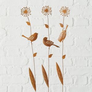 Gartenstab Garten-Deko Blume mit Vögel H 46 cm  Eisen Edelrost 3er Set