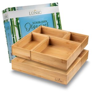 LÜNIC Schubladenbox Sortierbox Ordnungssystem Organizer Aufbewahrung aus Bambus [6 Teile] - Inkl. 36 Anti-Rutsch-Pads & 6 Metallclips
