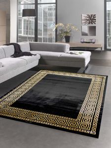 Teppich Wohnzimmer mit Bordüre im Mäander Muster schwarz gold Größe - 160x230 cm