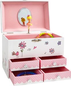 Vögel Und Blumen Großes Spieluhr Schmuckkästchen Mit 4 Ausziehfächern - Lila Gelbe Sterne Ballerinametall