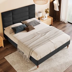 Łóżko tapicerowane z wygodnym oparciem i solidną ramą z listew, duża przestrzeń do przechowywania pod łóżkiem, czarne, 140x200 cm Łóżko tapicerowane z wygodnym oparciem i solidną ramą z listew, duża przestrzeń do przechowywania pod łóżkiem, czarne, 140x200 cm