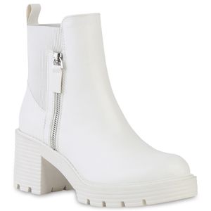 VAN HILL Damen Klassische Stiefeletten Zipper Profil-Sohle Plateau-Schuhe 840489, Farbe: Weiß, Größe: 38