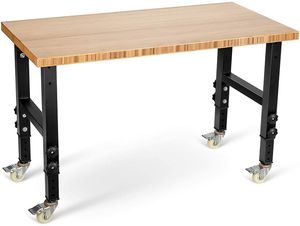 COSTWAY nastavitelný pracovní stůl s kolečky, odolný pracovní stůl s bambusovým kovovým rámem, pracovní stůl na nářadí s velkou pracovní plochou pro garážovou dílnu (přírodní)