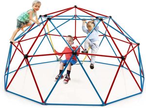 COSTWAY Ø 305 cm lezecká kopule s houpačkou, prolézačka ve tvaru kopule, vnitřní/venkovní hrací zařízení, šplhací žebřík pro děti od 3 do 10 let, ideální na dvorek, zahradu, nosnost 363 kg (červená)