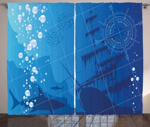 ABAKUHAUS Unterwasser- Rustikaler Vorhang, Haie Schiffskompass, Wohnzimmer Universalband Gardinen mit Schlaufen und Haken, 280 x 245 cm, Blau Weiss