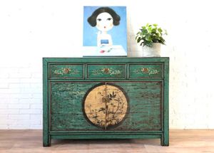 OPIUM OUTLET Kommode Sideboard Schrank Möbel orientalisch chinesisch asiatisch Schränkchen Anrichte smaragd-grün Vintage Shabby Chic Antik Landhaus Stil