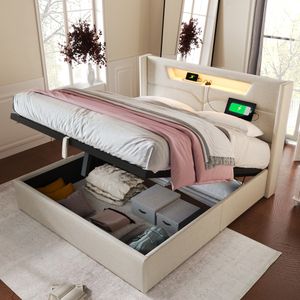 Čalouněná postel Flieks 140x200 s USB a typem C, skříňová pružinová postel s lamelovým roštem, postel pro mládež s LED diodami, hydraulická úložná postel dvojlůžko, povlečení, béžová barva