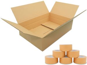 100 Verpacking Faltkartons 350x250x100mm braun KK S 1 wellig für DHL Päckchen S mit 6 Rollen Papierklebeband rechteckiger Versandkarton für kleine Waren kleine Kartons