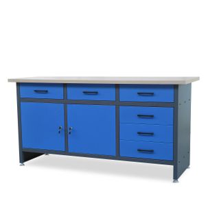 Werkbank mit Arbeitsplatte Werktisch mit 6 Schubladen 2 Schließfächer Verstellbare Füße MDF-Arbeitsplatte Belastbar bis 500 kg Metall 170 cm x 60 cm x 85 cm Farbe: Anthrazit-Blau